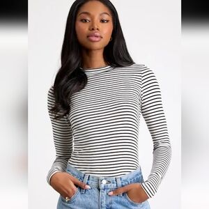 Lulus Anything Is Posh-ible White Black Striped Mock Neck Long Sleeve Top size M